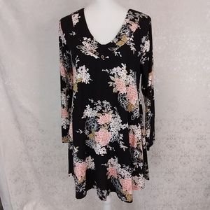 Larace black with pink flowers long sleeved V neck flare dress M